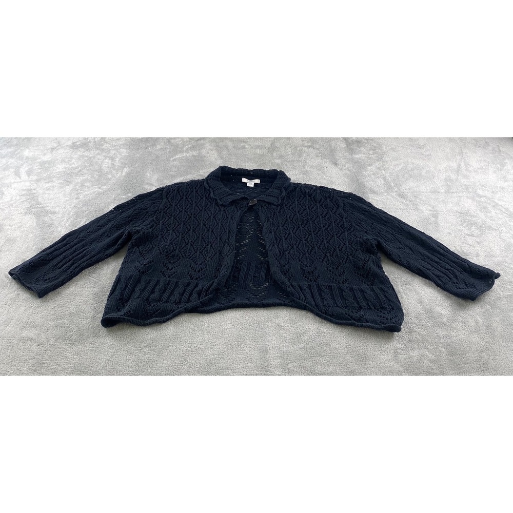 Dressbarn Woman Black Crochet Knit Cropped Cardigan Sweater Plus Sz14/16 3/4 Slv